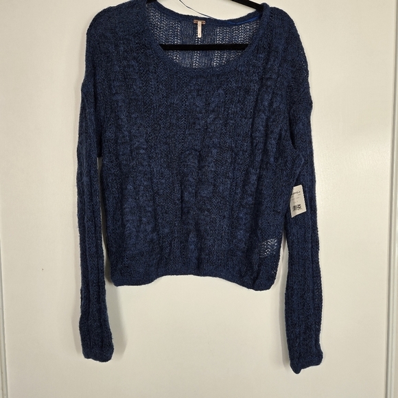 Free People‎ Navy Cosmos Combo Fuzzy Sweater Small Open Knit Wool Alpaca Blend - Picture 1 of 12